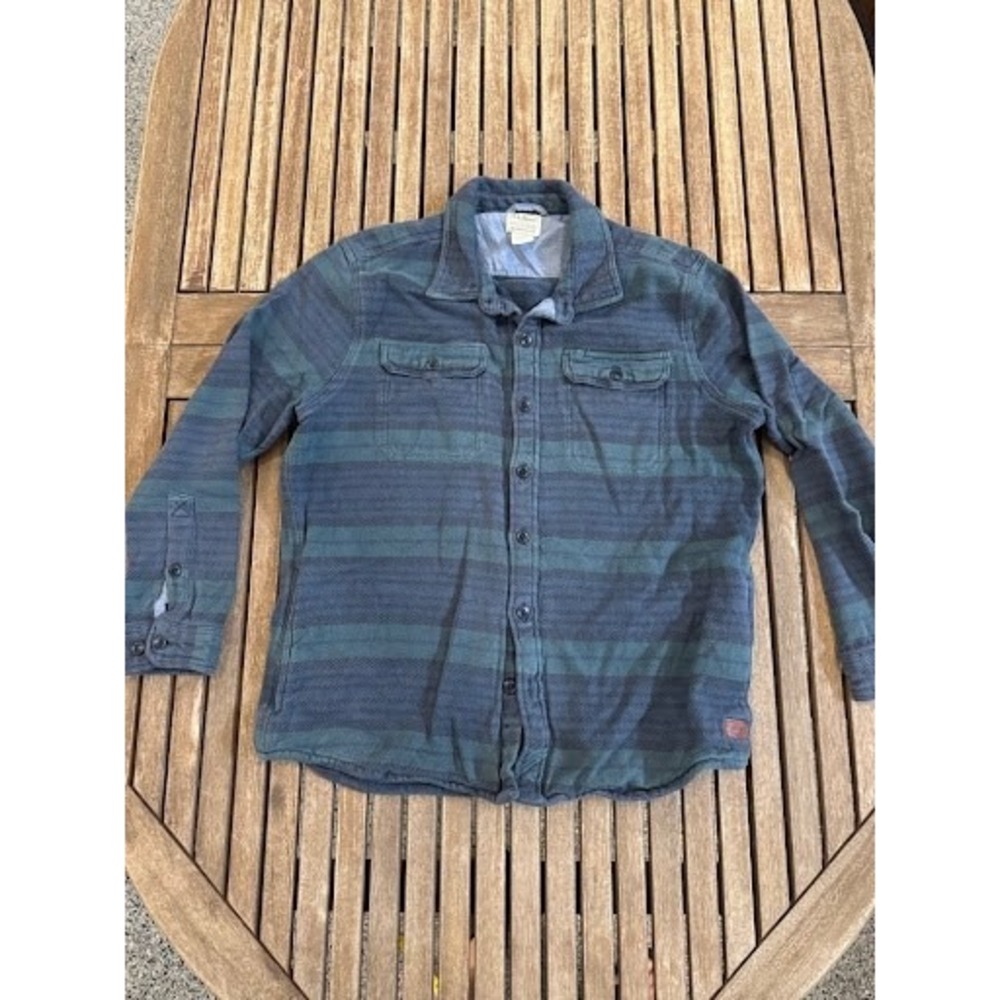 L.L. Bean Men's L-Reg Blue Green Striped Heavyweight Flannel Shirt Slightly Fit